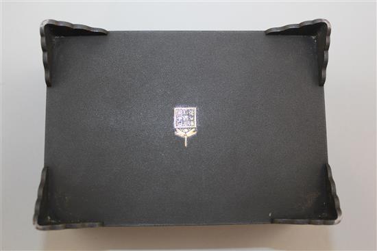 A Japanese gold and silver inlaid iron box and cover, signed Komai, Meiji period, 11cm, rosewood stand